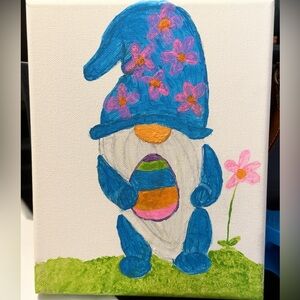 Easter Gnome Canvas with Blue Hat and Floral Accents